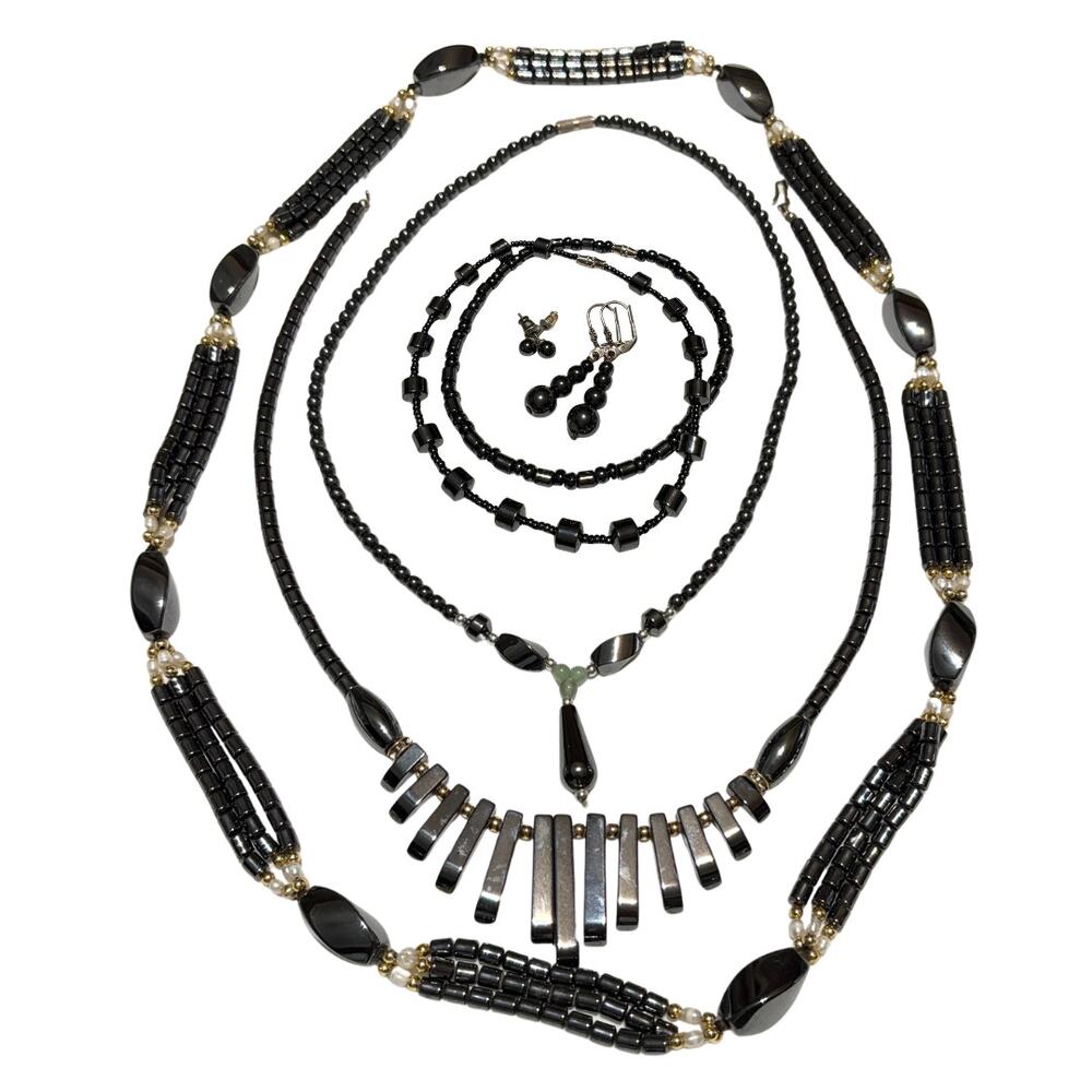 Metallic Mexican Hematite Jewelry Set Necklace Bracelet Earrings Elegant Glam